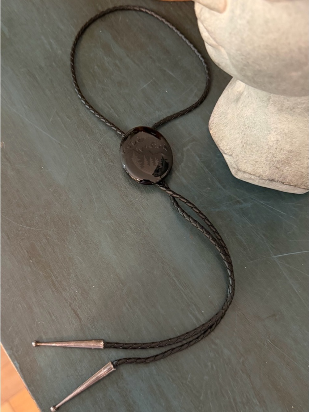 Vintage Bolo with Braided leather cord with silver colored metal tips